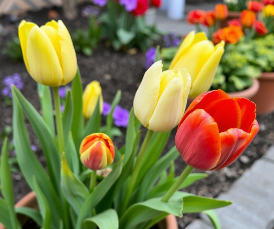 Barevné tulipány kvetoucí v květináči na zahradě